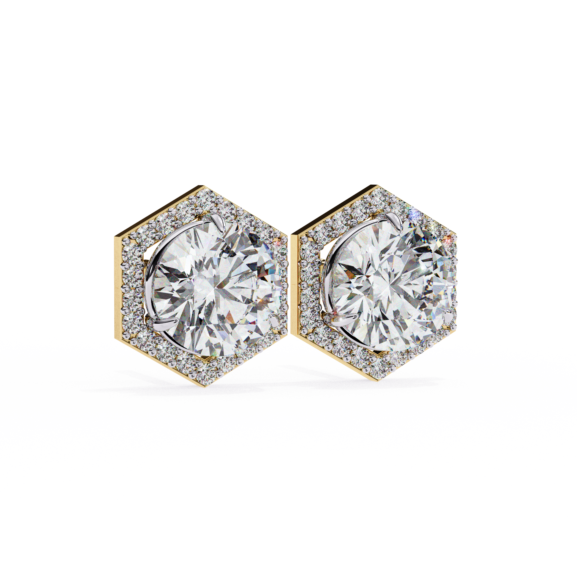 Round Diamond Modern Hexagonal Shaped Diamond Halo Stud Earrings