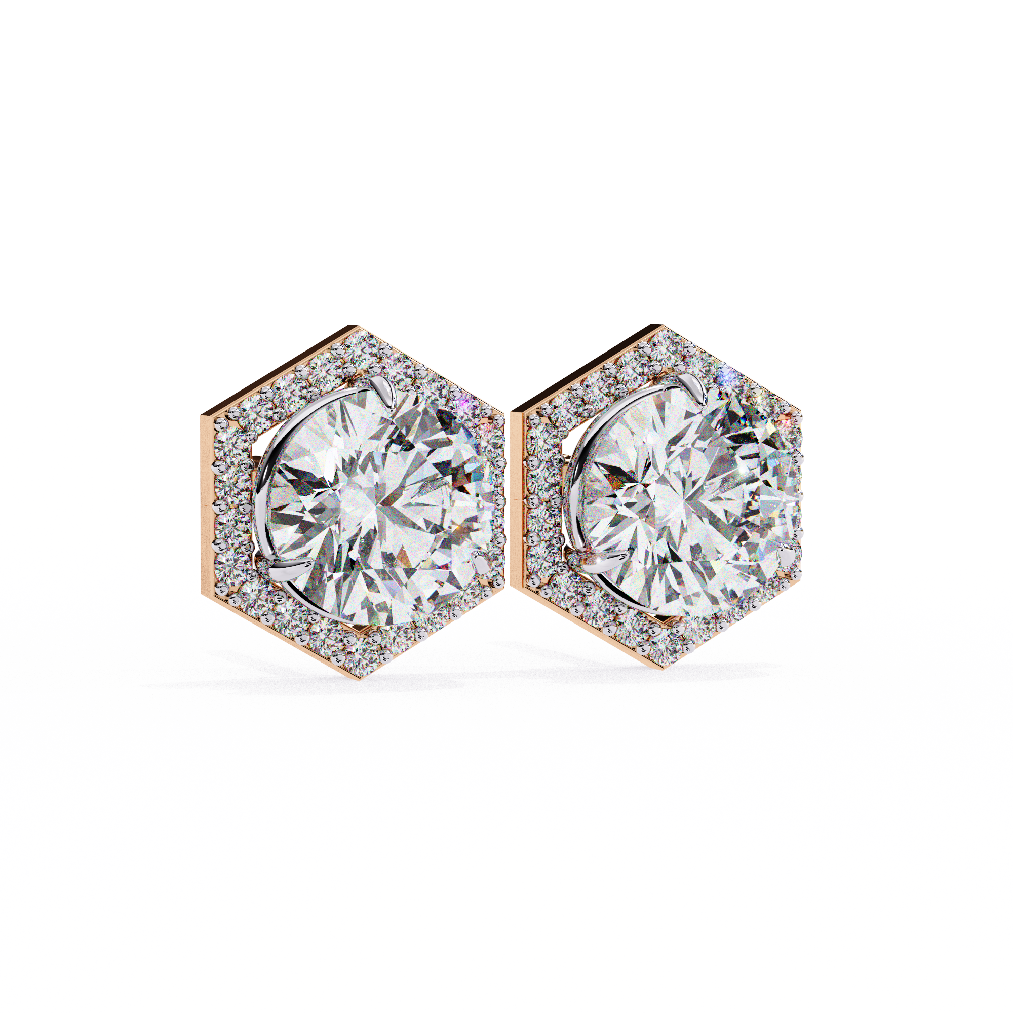 Round Diamond Modern Hexagonal Shaped Diamond Halo Stud Earrings