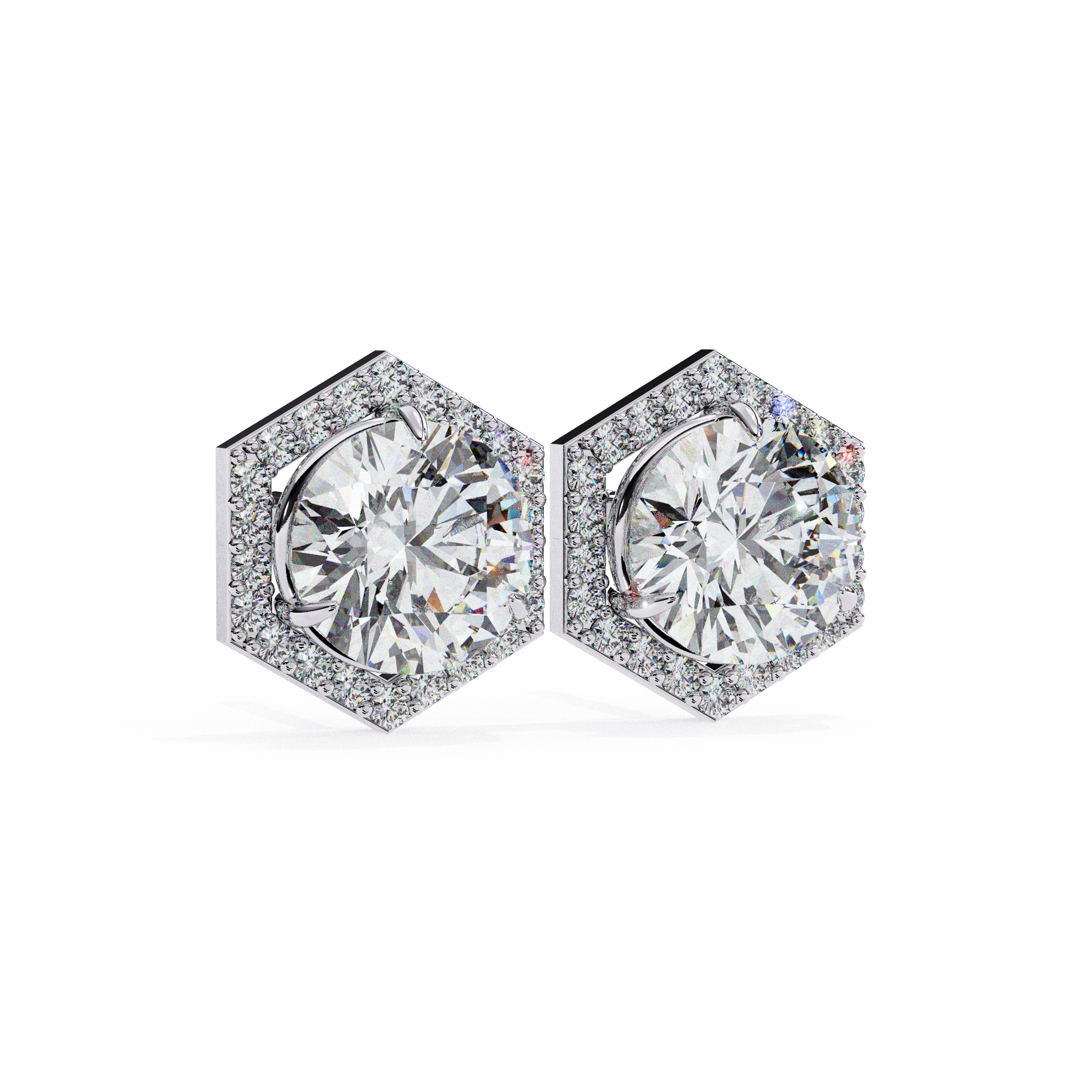 Round Diamond Modern Hexagonal Shaped Diamond Halo Stud Earrings