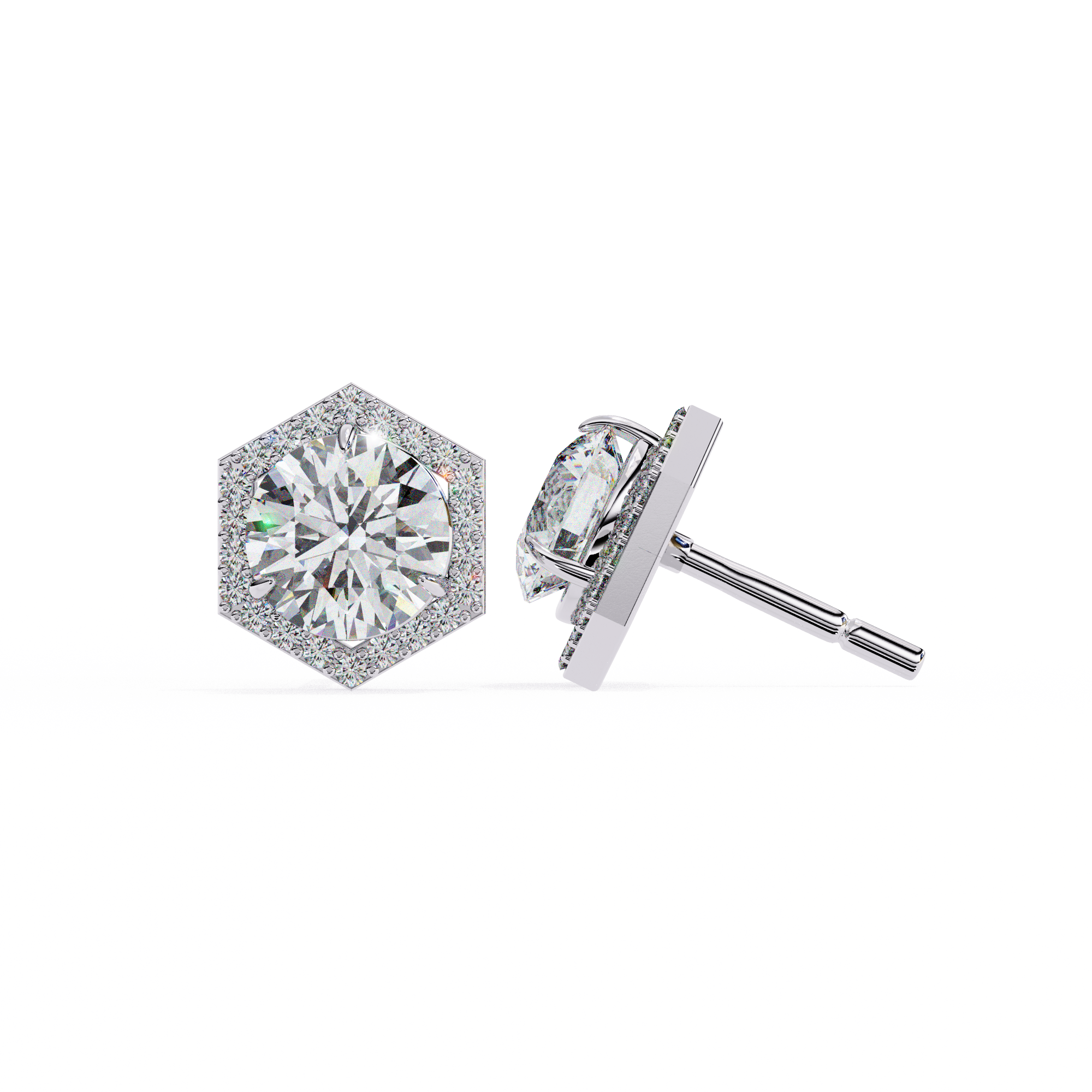 Round Diamond Modern Hexagonal Shaped Diamond Halo Stud Earrings