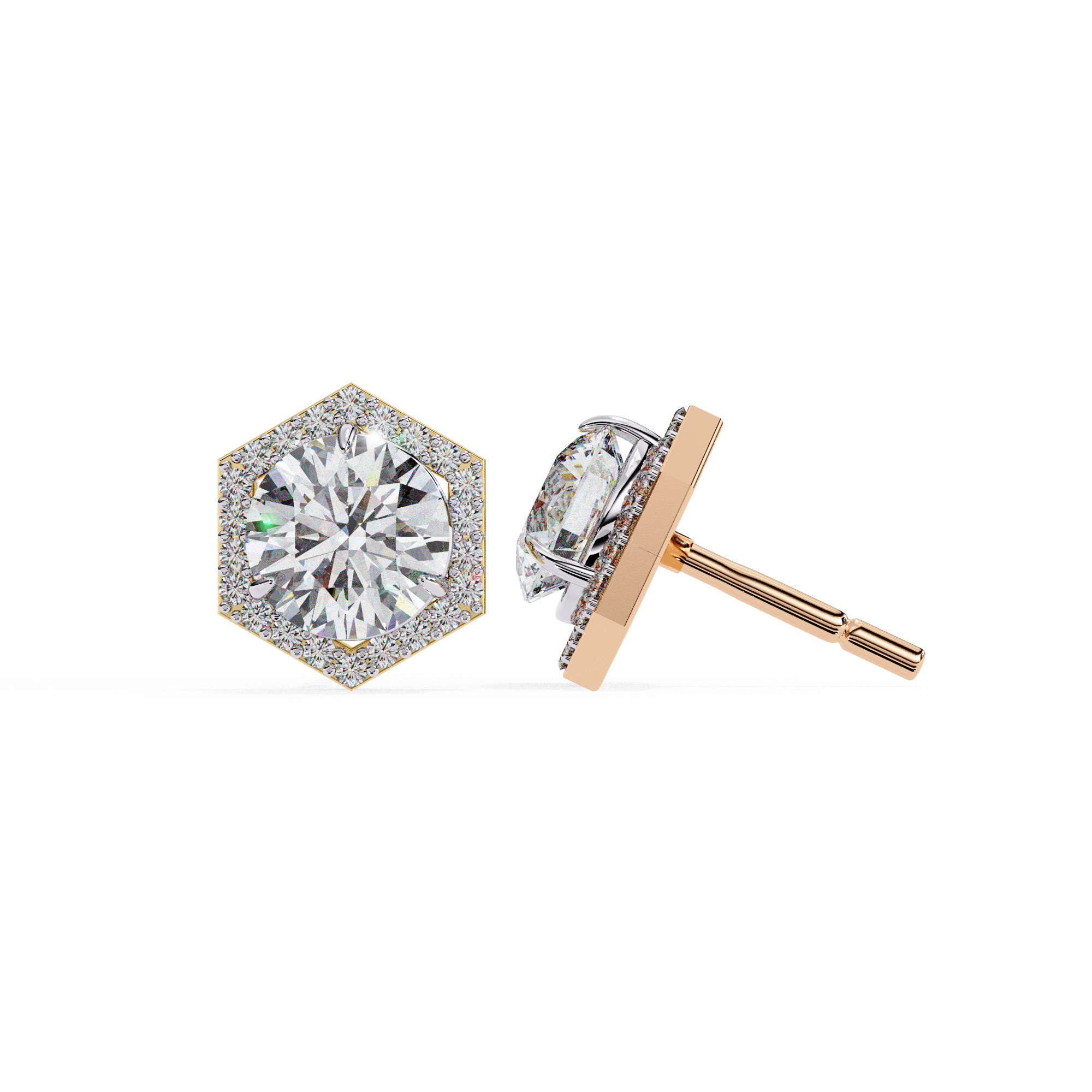 Round Diamond Modern Hexagonal Shaped Diamond Halo Stud Earrings