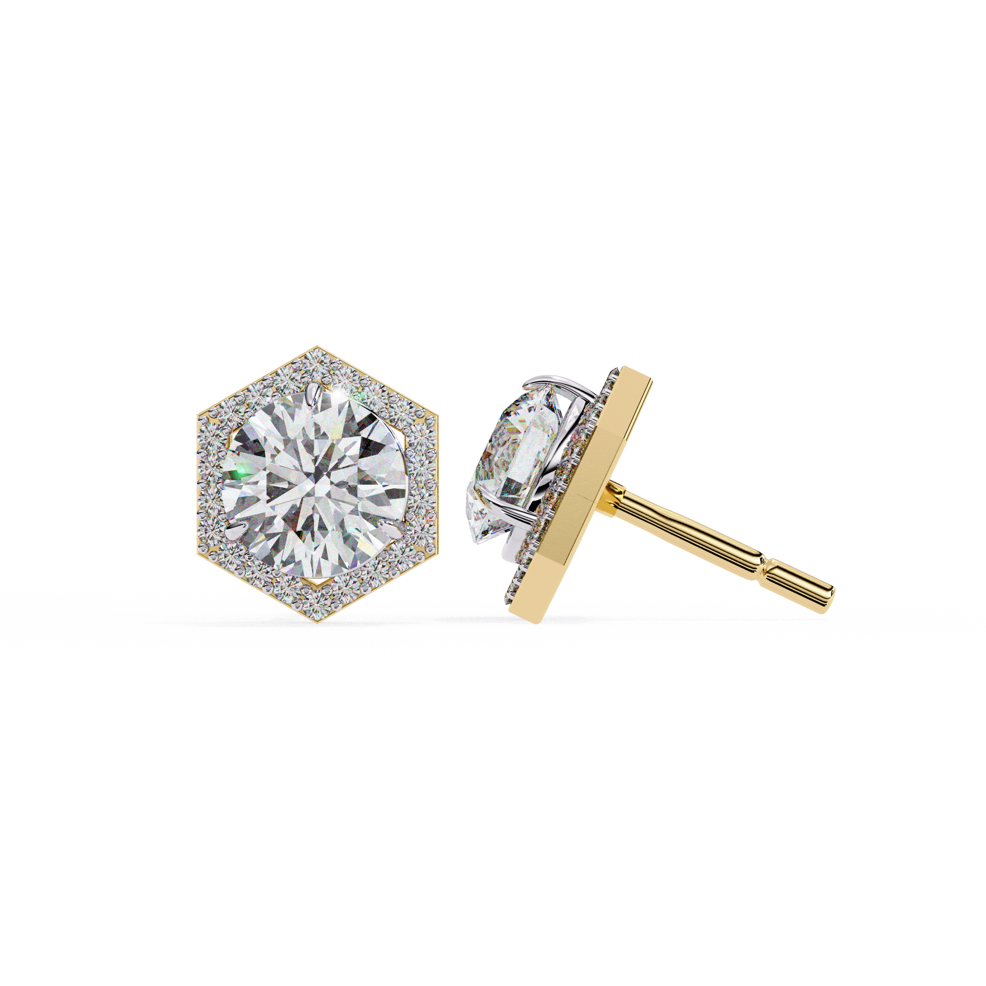 Round Diamond Modern Hexagonal Shaped Diamond Halo Stud Earrings