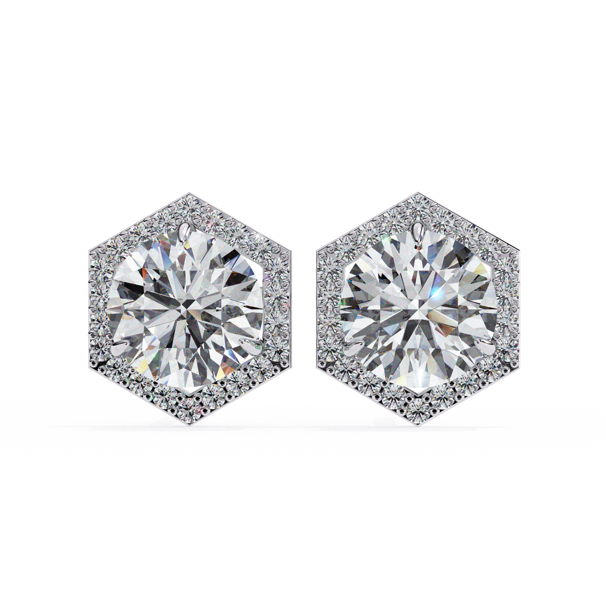 Round Diamond Modern Hexagonal Shaped Diamond Halo Stud Earrings