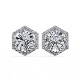 Round Diamond Modern Hexagonal Shaped Diamond Halo Stud Earrings