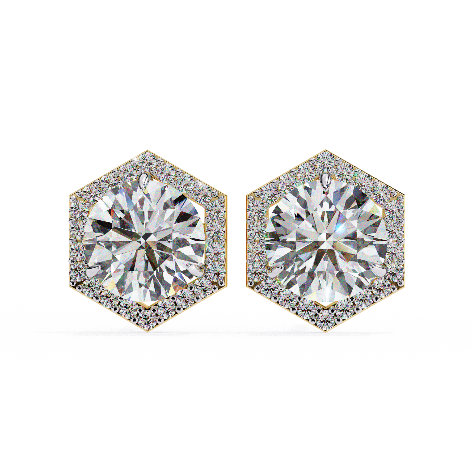 Round Diamond Modern Hexagonal Shaped Diamond Halo Stud Earrings