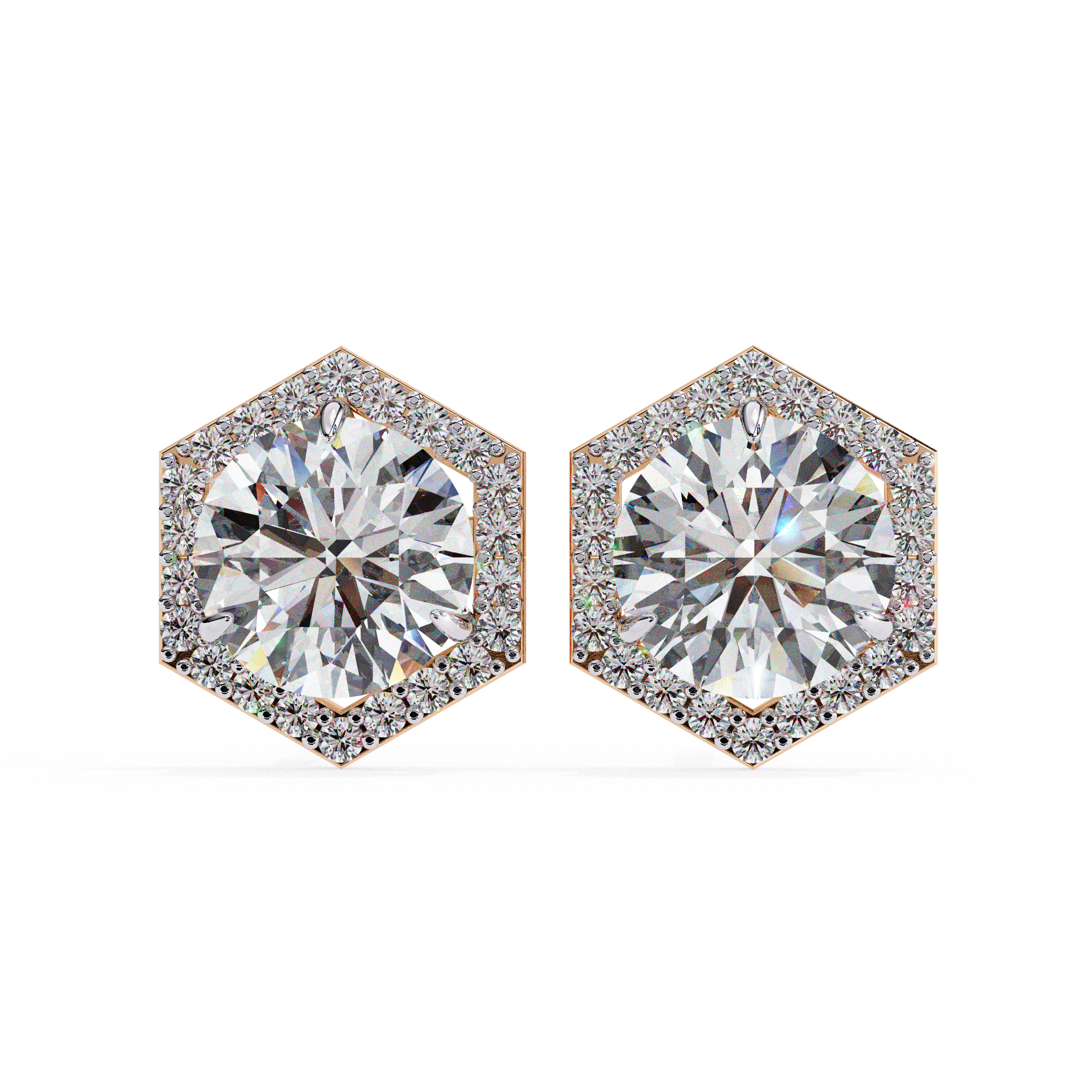 Round Diamond Modern Hexagonal Shaped Diamond Halo Stud Earrings