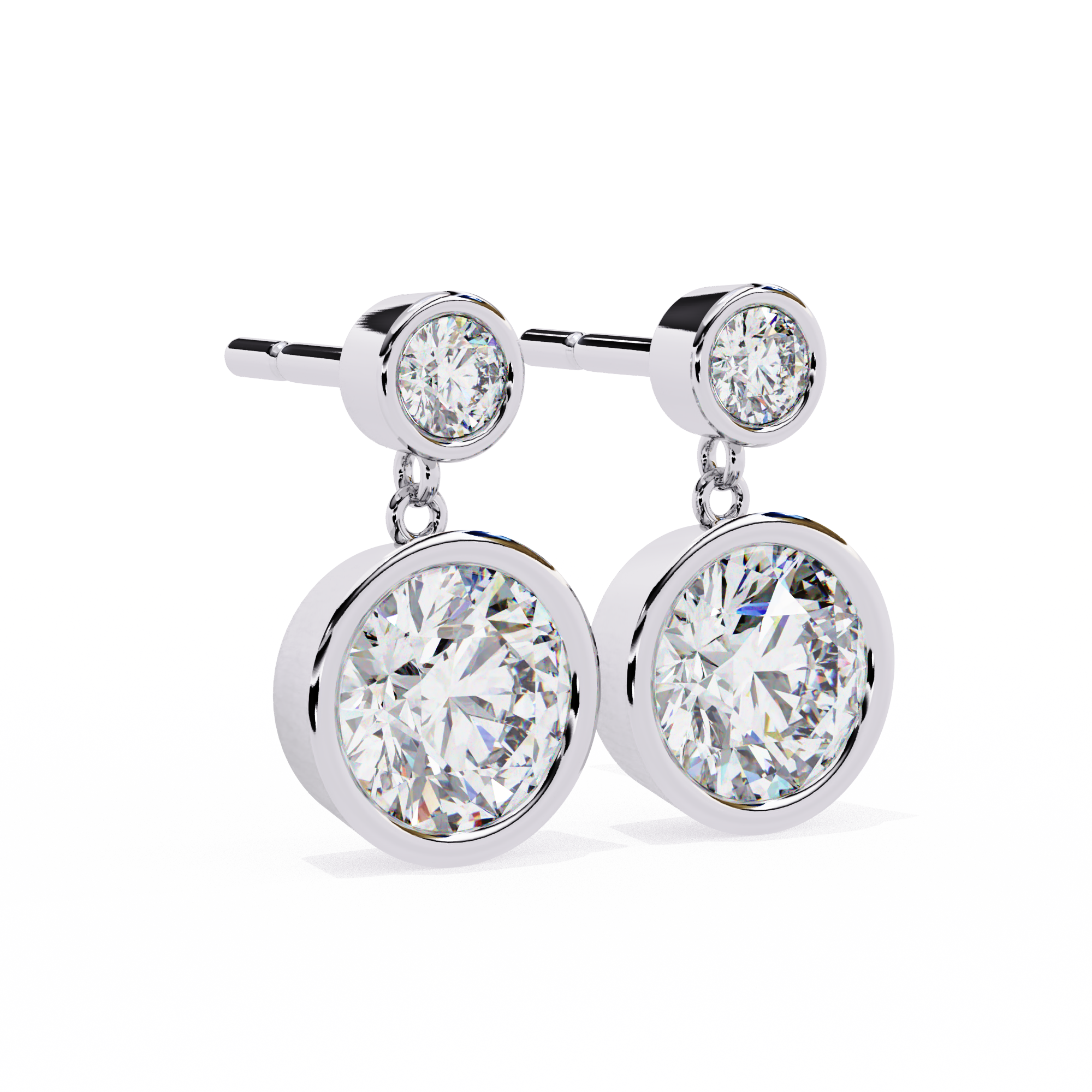 Bezel-Set Double Round Diamond Drop Earrings