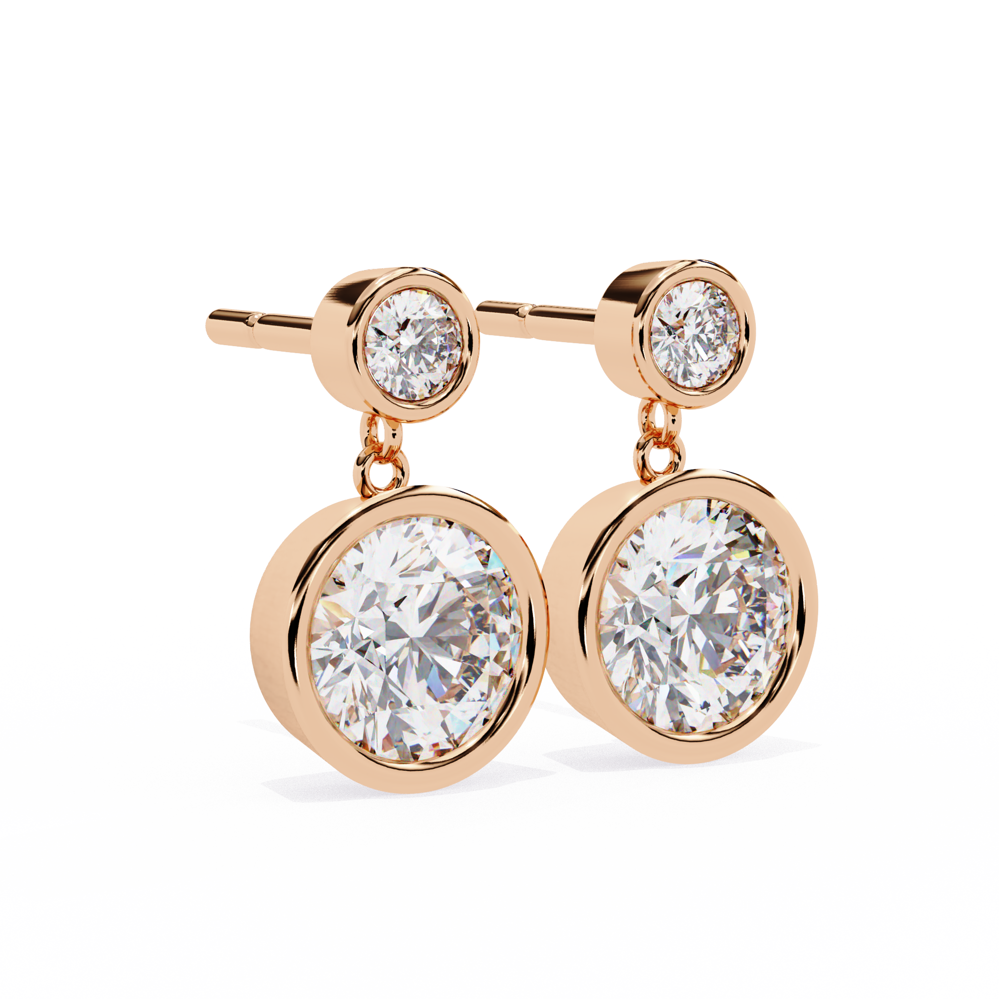Bezel-Set Double Round Diamond Drop Earrings