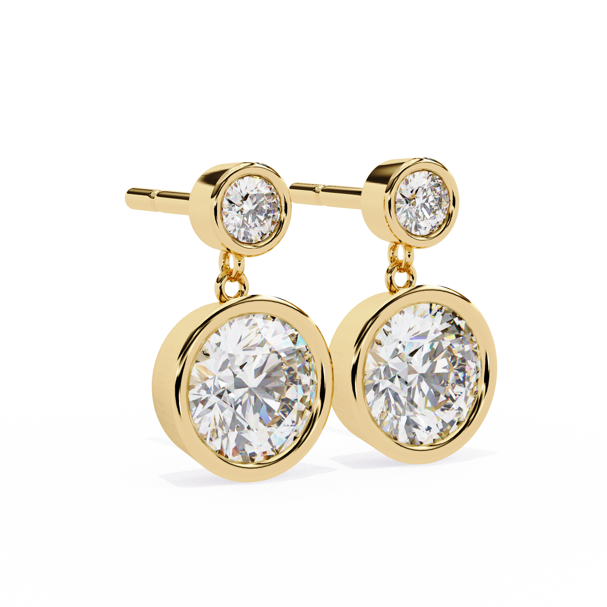 Bezel-Set Double Round Diamond Drop Earrings
