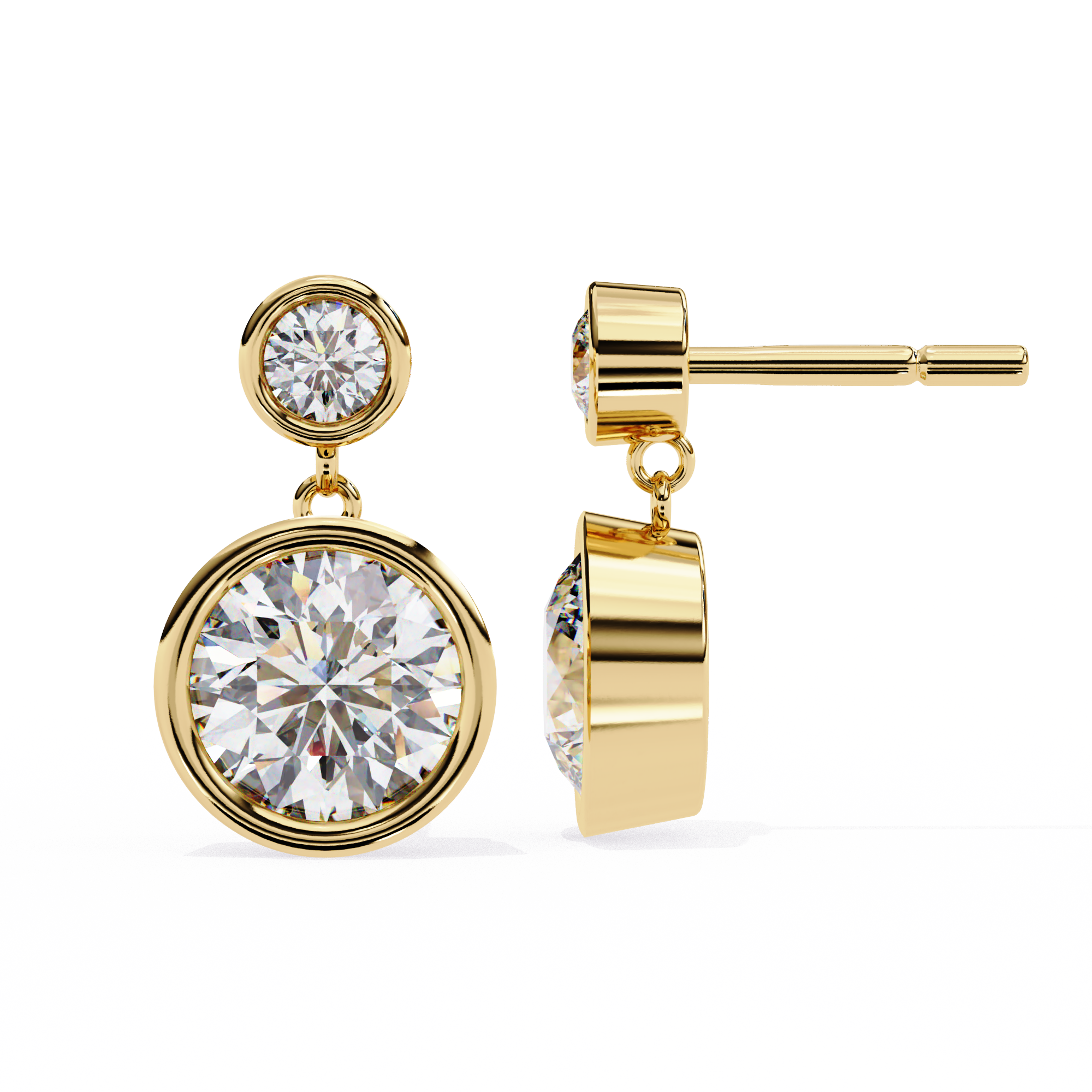 Bezel-Set Double Round Diamond Drop Earrings