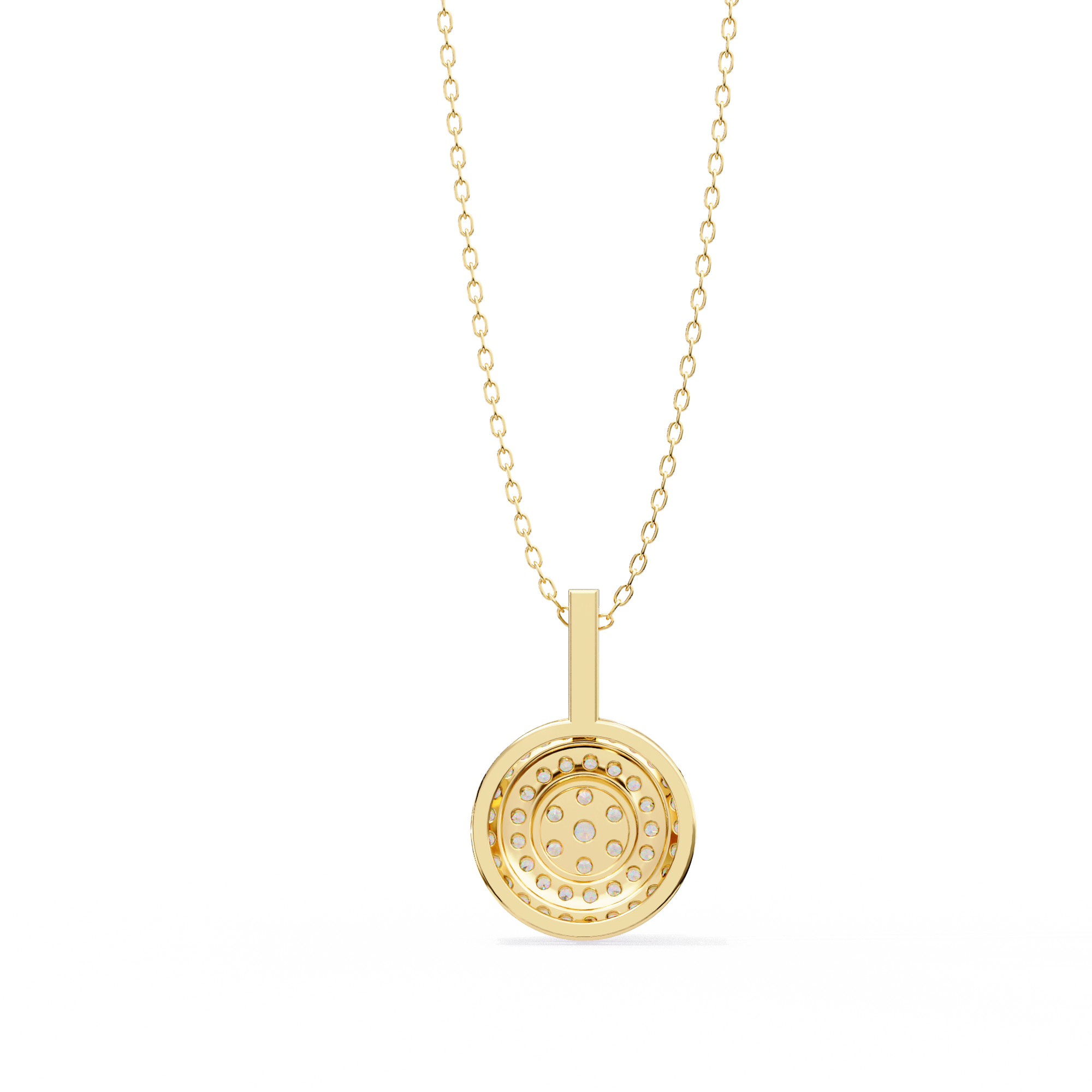 Double Halo Floral Cluster Diamond Pendant Necklace in 14K Yellow Gold with Pavé Bar Bail