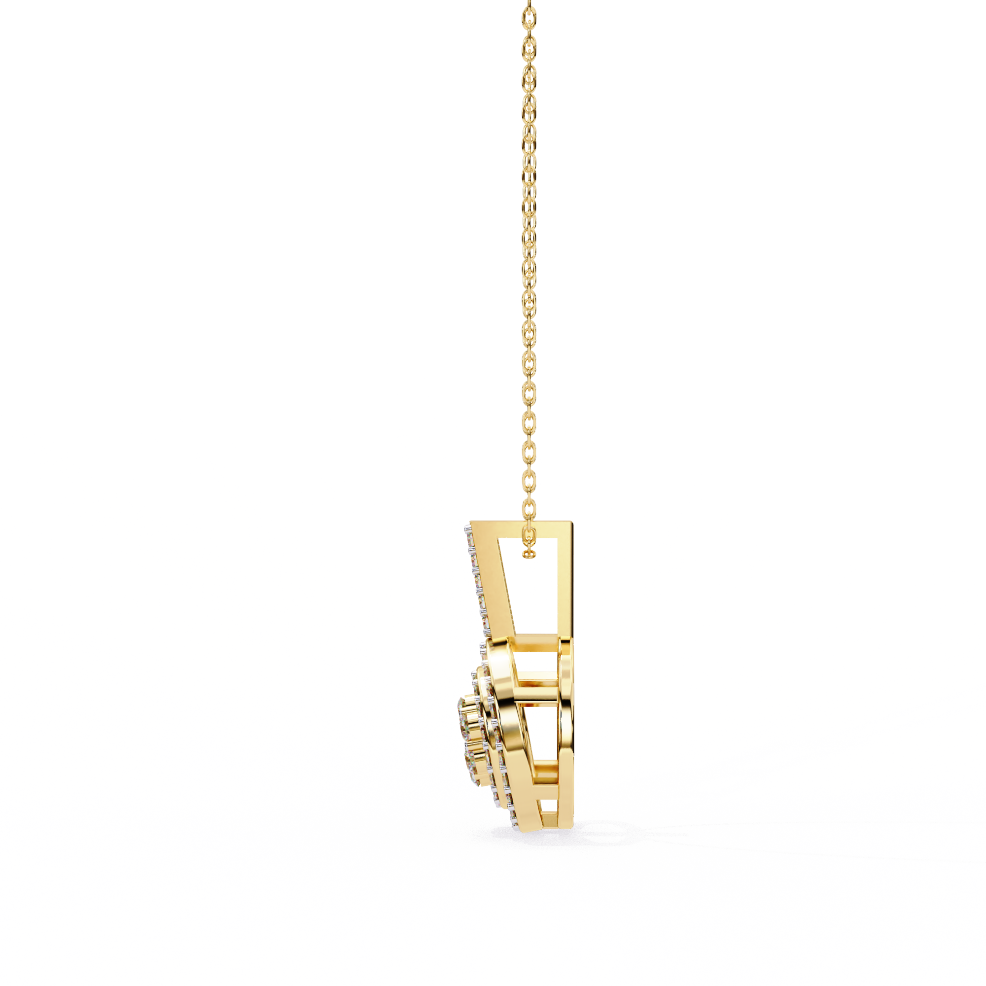 Double Halo Floral Cluster Diamond Pendant Necklace in 14K Yellow Gold with Pavé Bar Bail