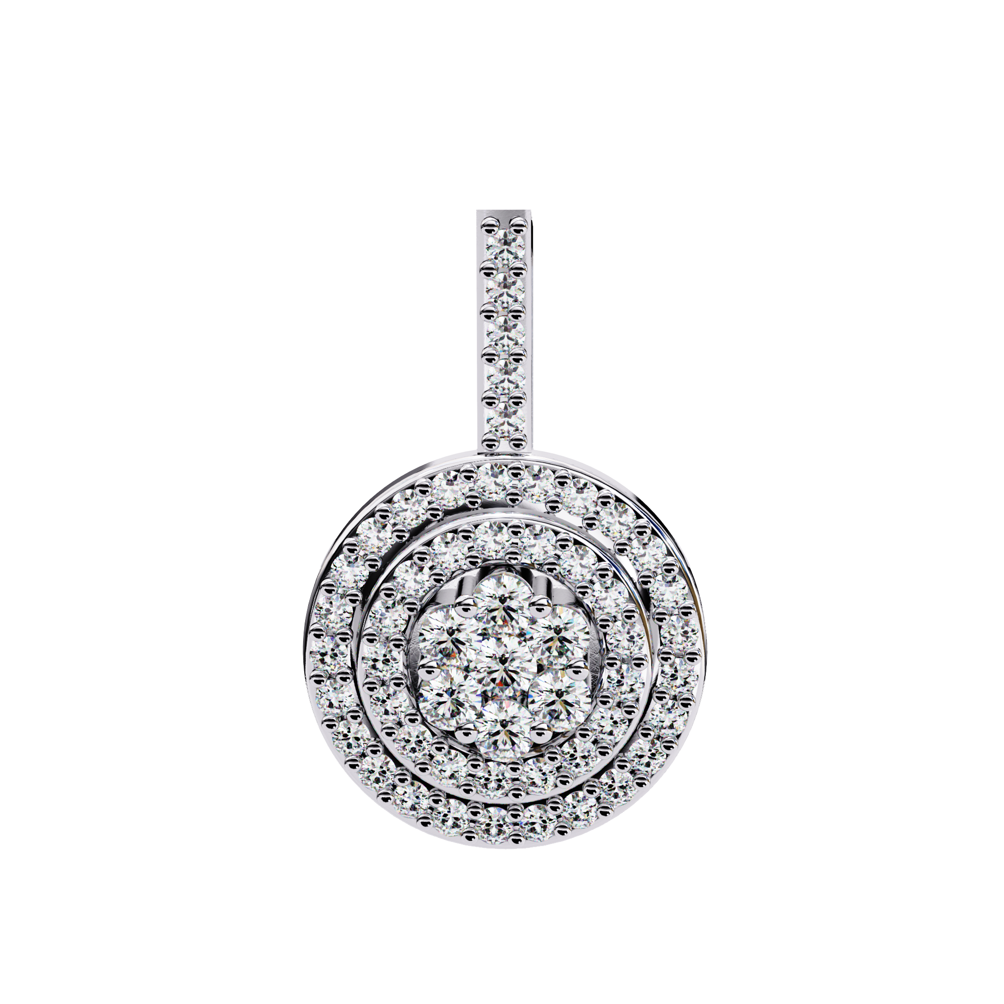 Double Halo Floral Cluster Diamond Pendant Necklace in 14K Yellow Gold with Pavé Bar Bail