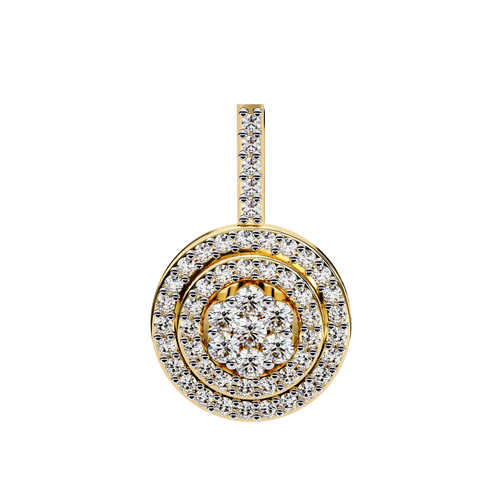 Double Halo Floral Cluster Diamond Pendant Necklace in 14K Yellow Gold with Pavé Bar Bail