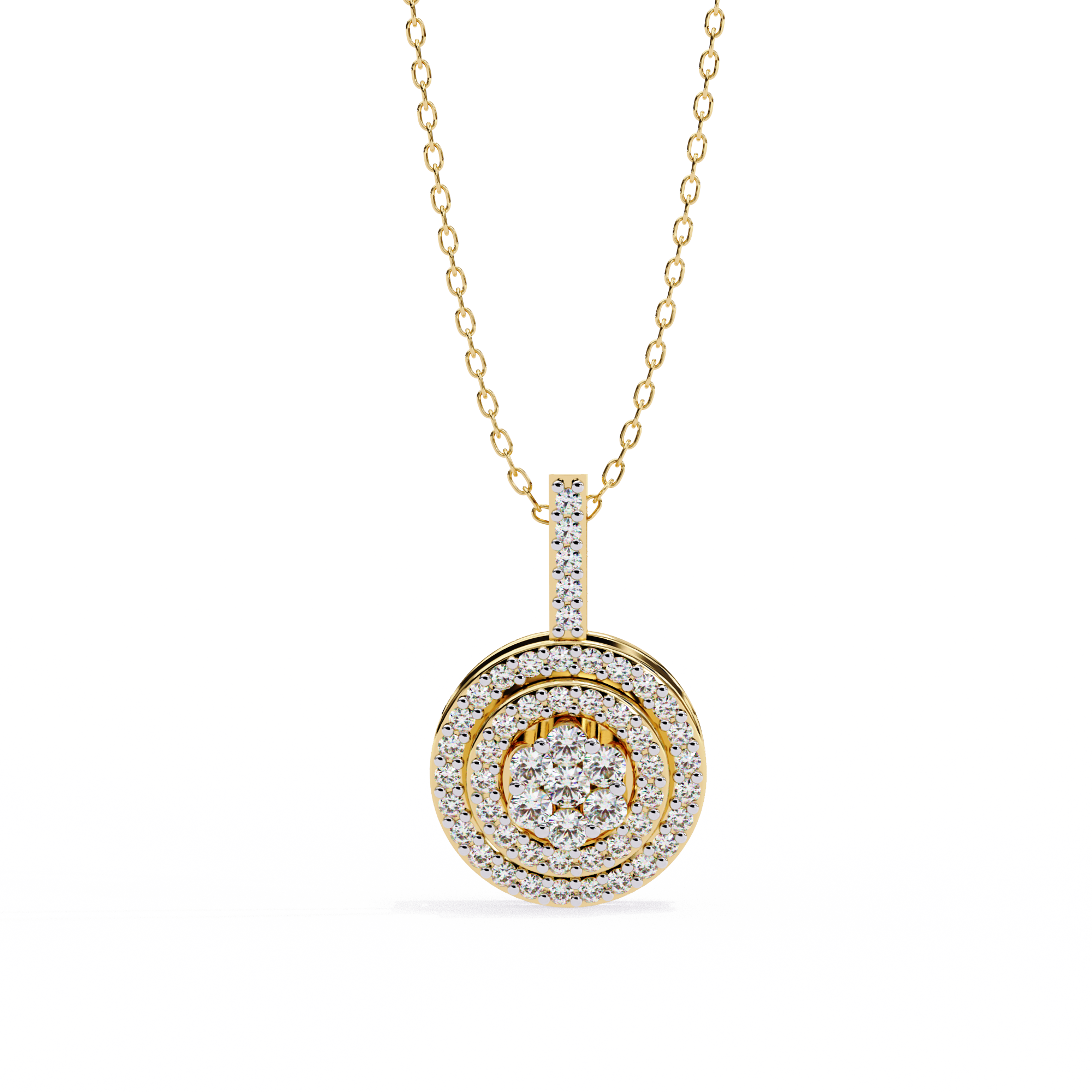 Double Halo Floral Cluster Diamond Pendant Necklace in 14K Yellow Gold with Pavé Bar Bail