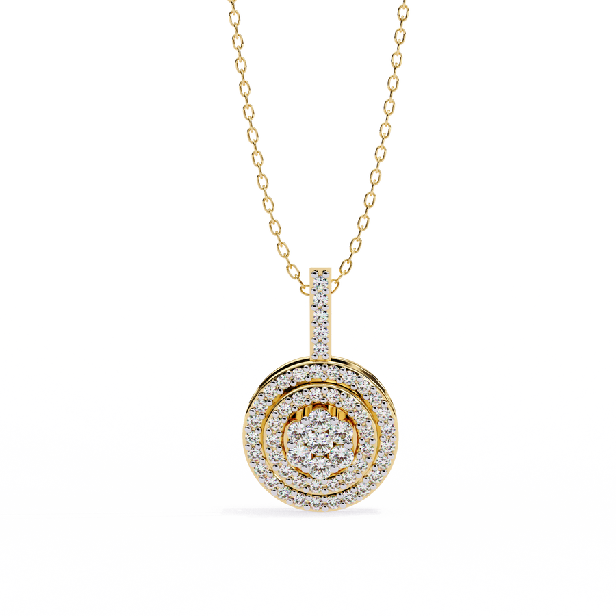 Double Halo Floral Cluster Diamond Pendant Necklace in 14K Yellow Gold with Pavé Bar Bail