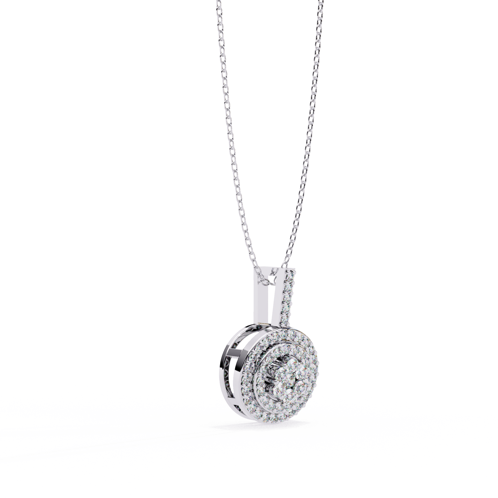 Double Halo Floral Cluster Diamond Pendant Necklace in 14K Yellow Gold with Pavé Bar Bail