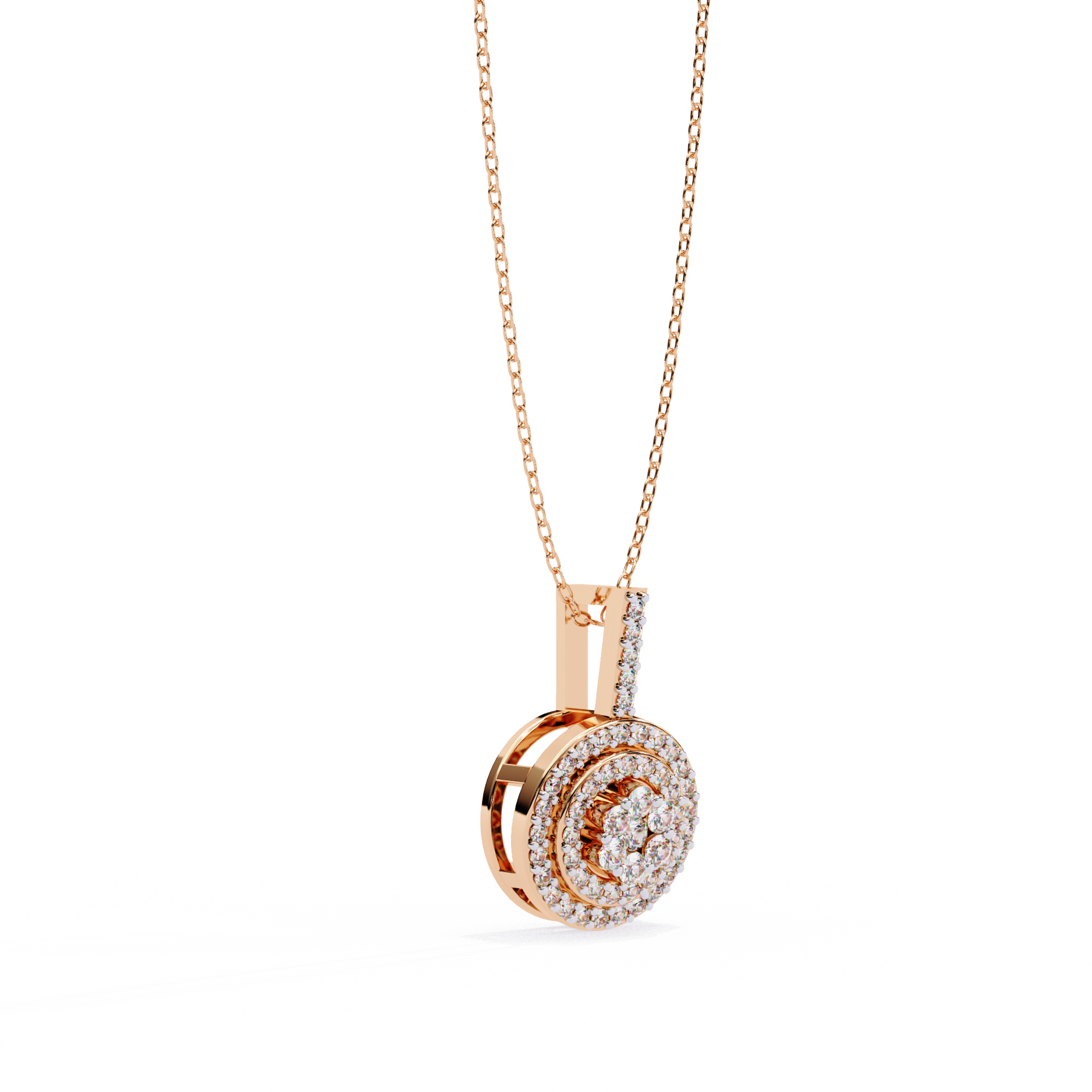 Double Halo Floral Cluster Diamond Pendant Necklace in 14K Yellow Gold with Pavé Bar Bail