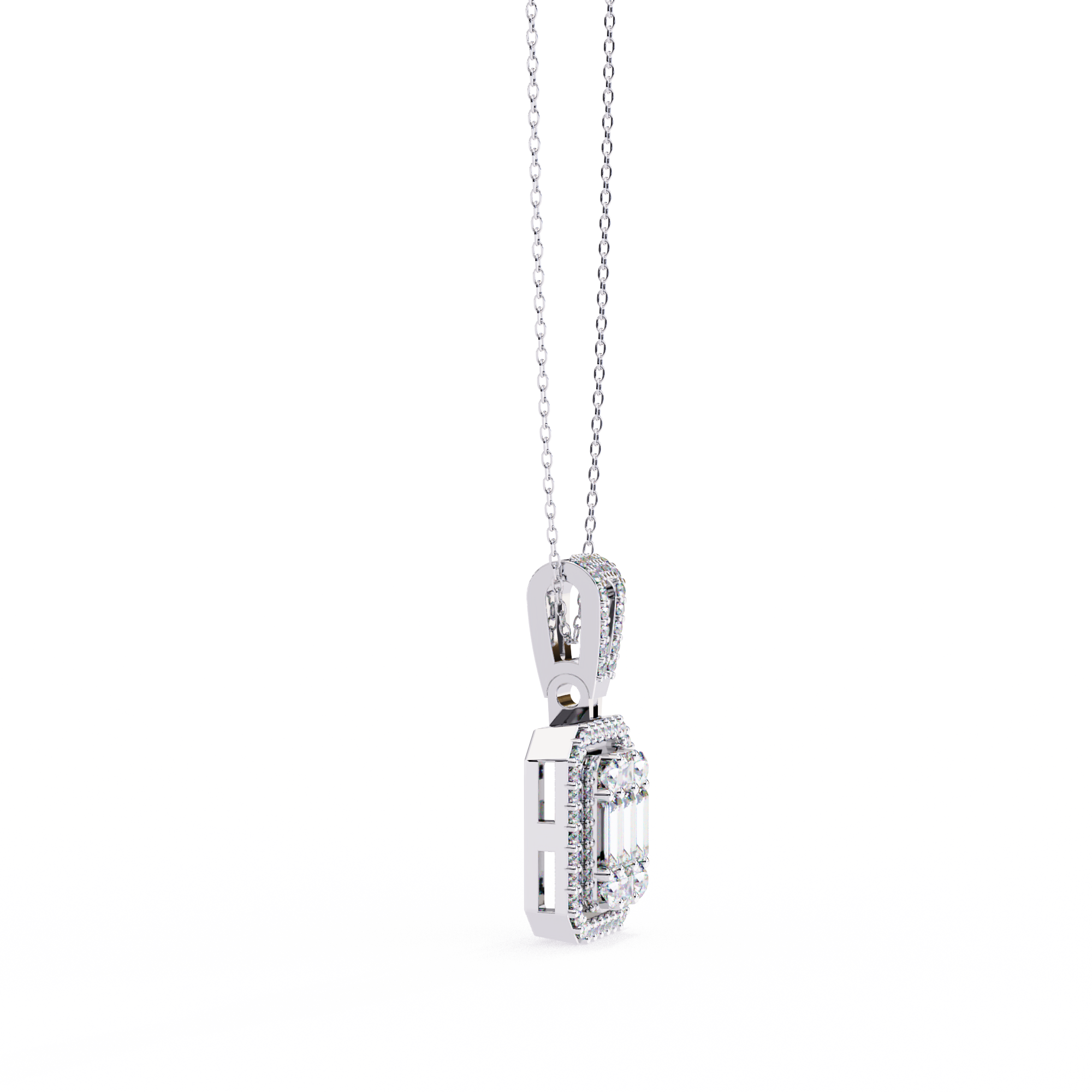 Art Deco Illusion Emerald Cut Floating Halo Pendant with Pavé Bail
