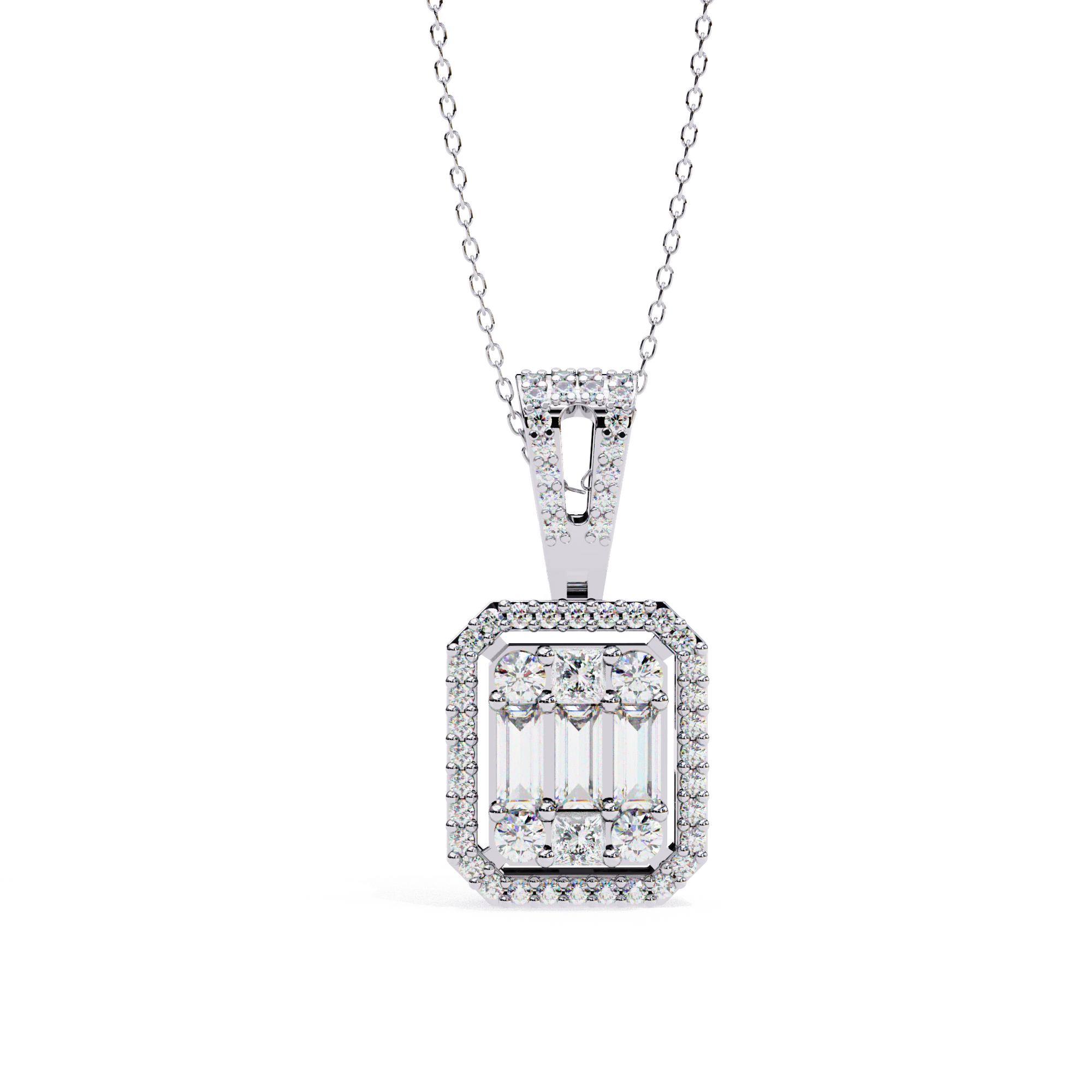 Art Deco Illusion Emerald Cut Floating Halo Pendant with Pavé Bail