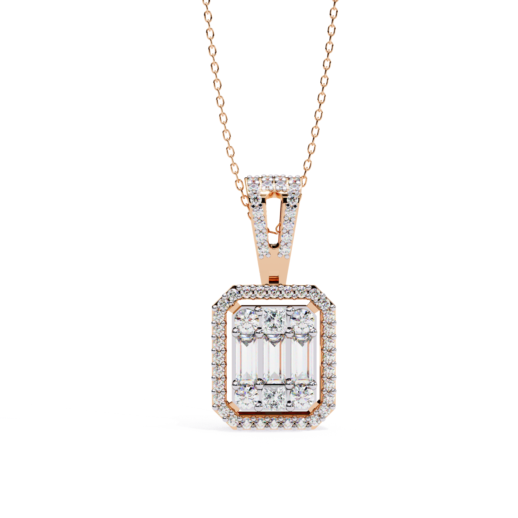 Art Deco Illusion Emerald Cut Floating Halo Pendant with Pavé Bail