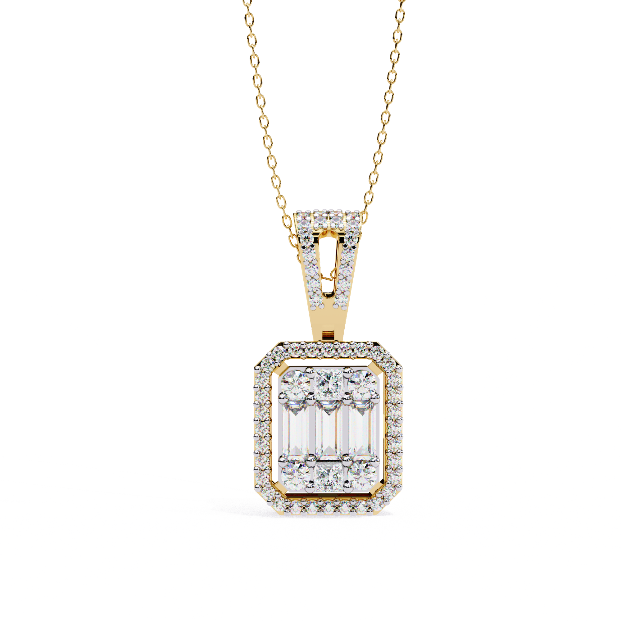 Art Deco Illusion Emerald Cut Floating Halo Pendant with Pavé Bail