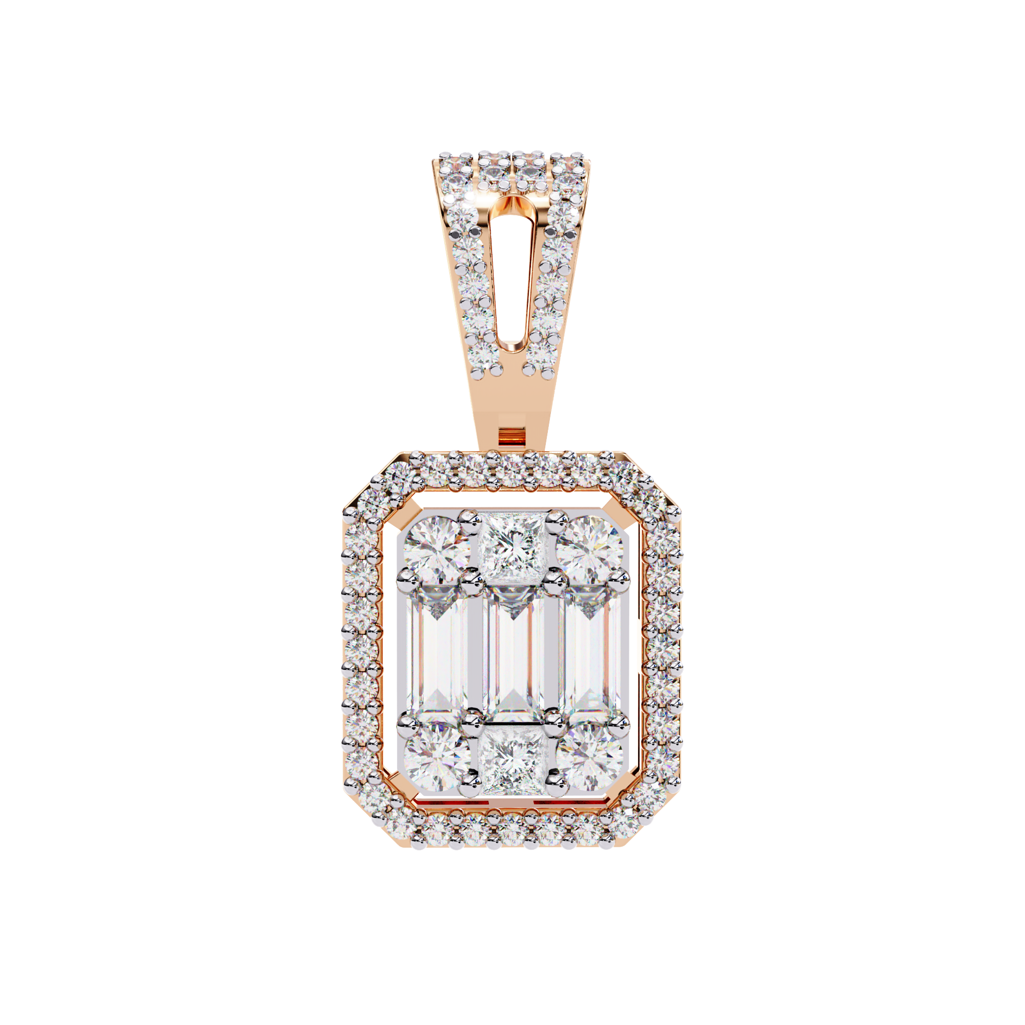 Art Deco Illusion Emerald Cut Floating Halo Pendant with Pavé Bail