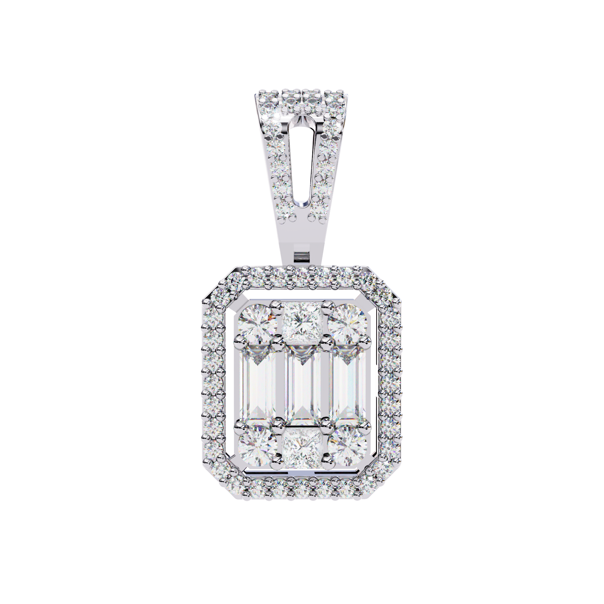 Art Deco Illusion Emerald Cut Floating Halo Pendant with Pavé Bail