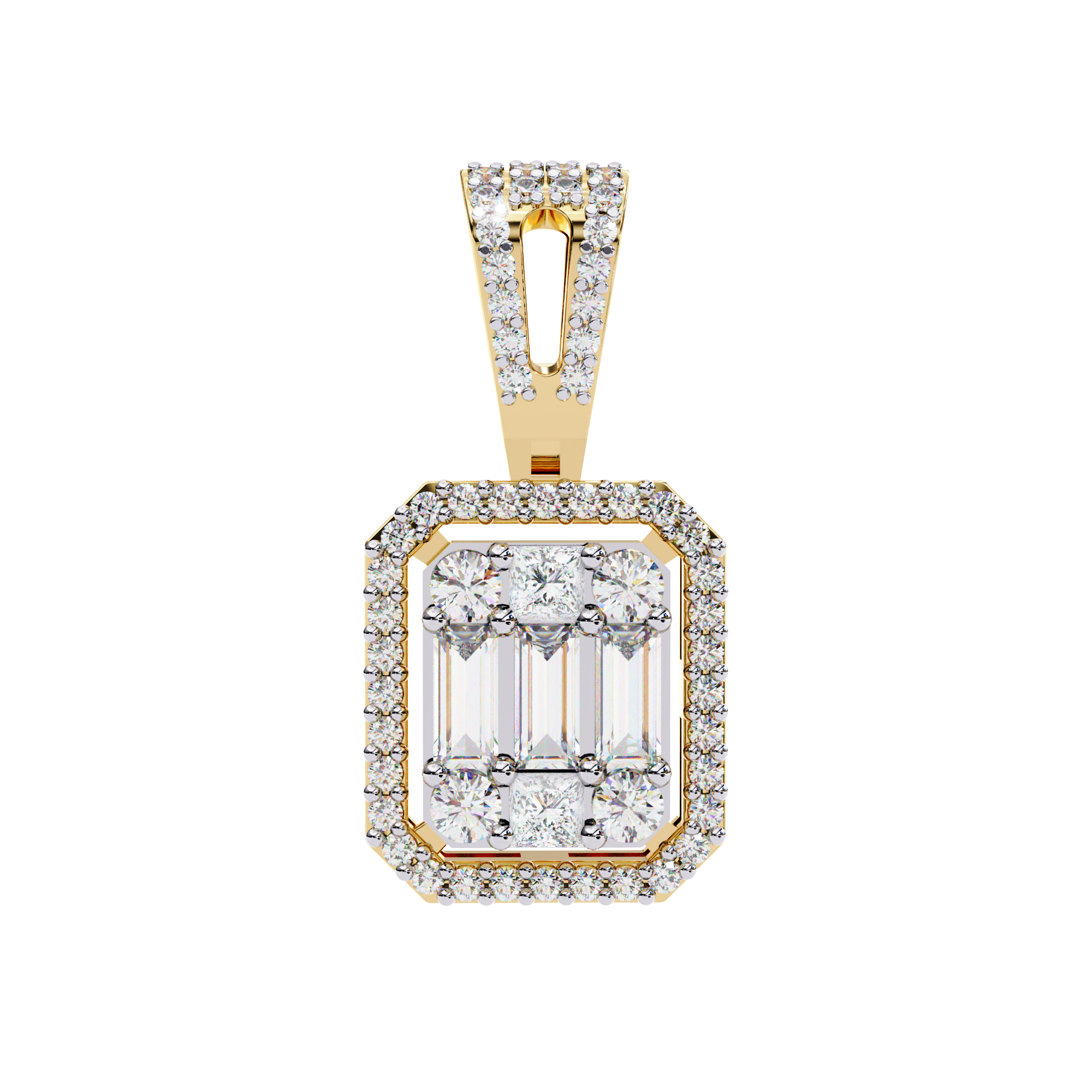 Art Deco Illusion Emerald Cut Floating Halo Pendant with Pavé Bail