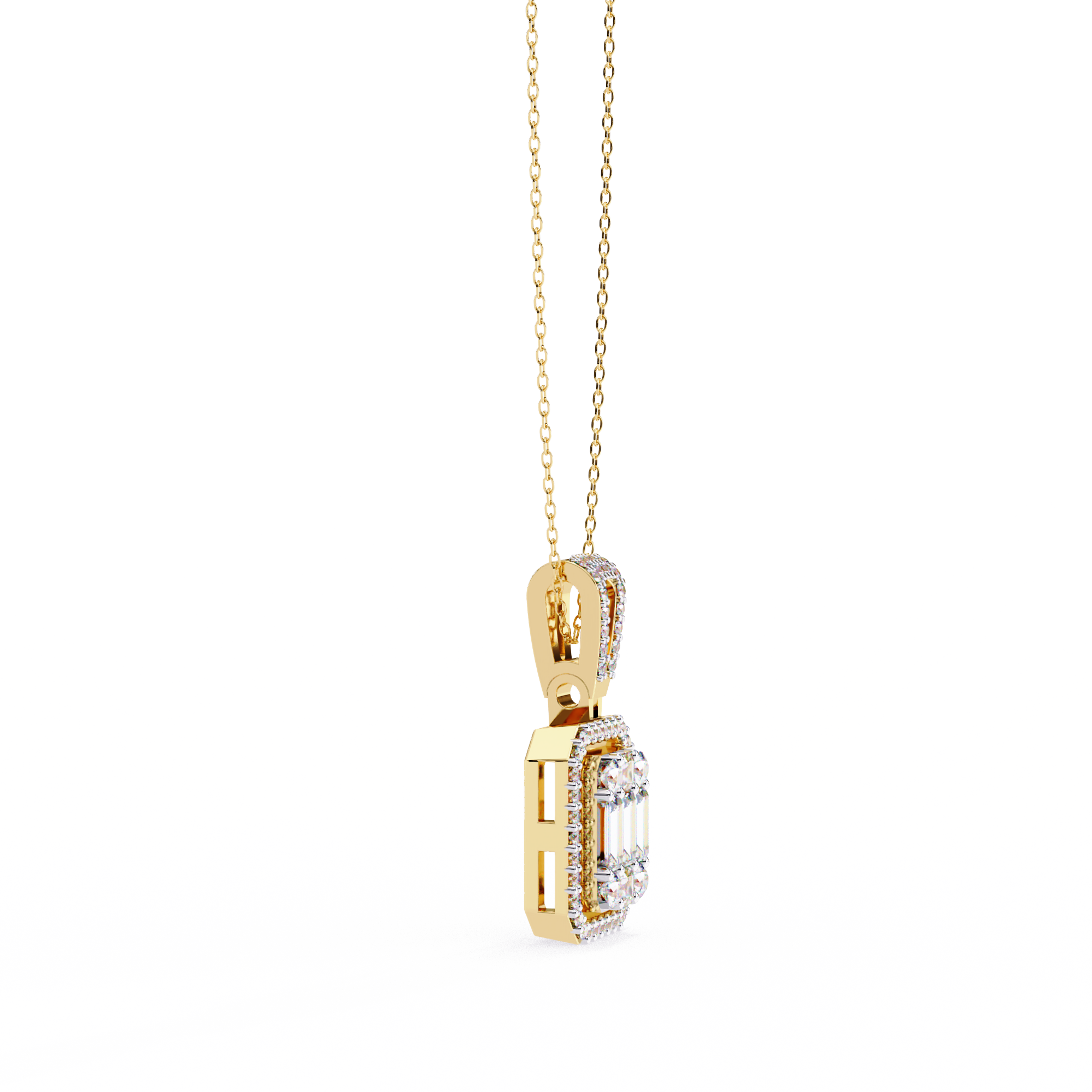 Art Deco Illusion Emerald Cut Floating Halo Pendant with Pavé Bail