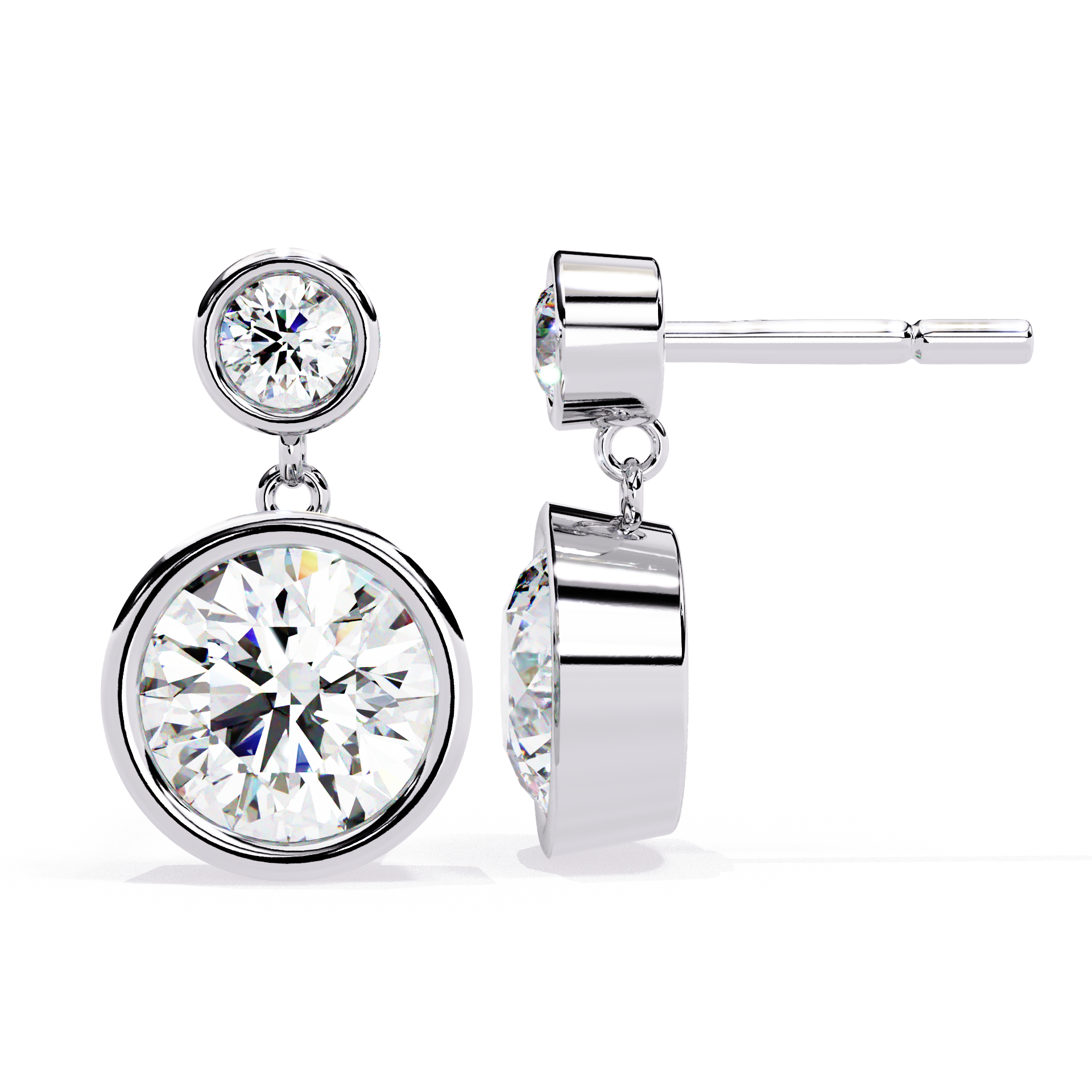 Bezel-Set Double Round Diamond Drop Earrings