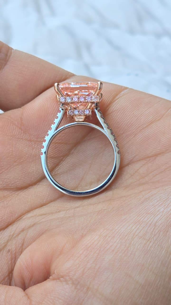 Fancy Vivid Pink Princess Cut All Lab Grown Diamond Hidden-Halo Cathedral Set 14kt-Gold Ring
