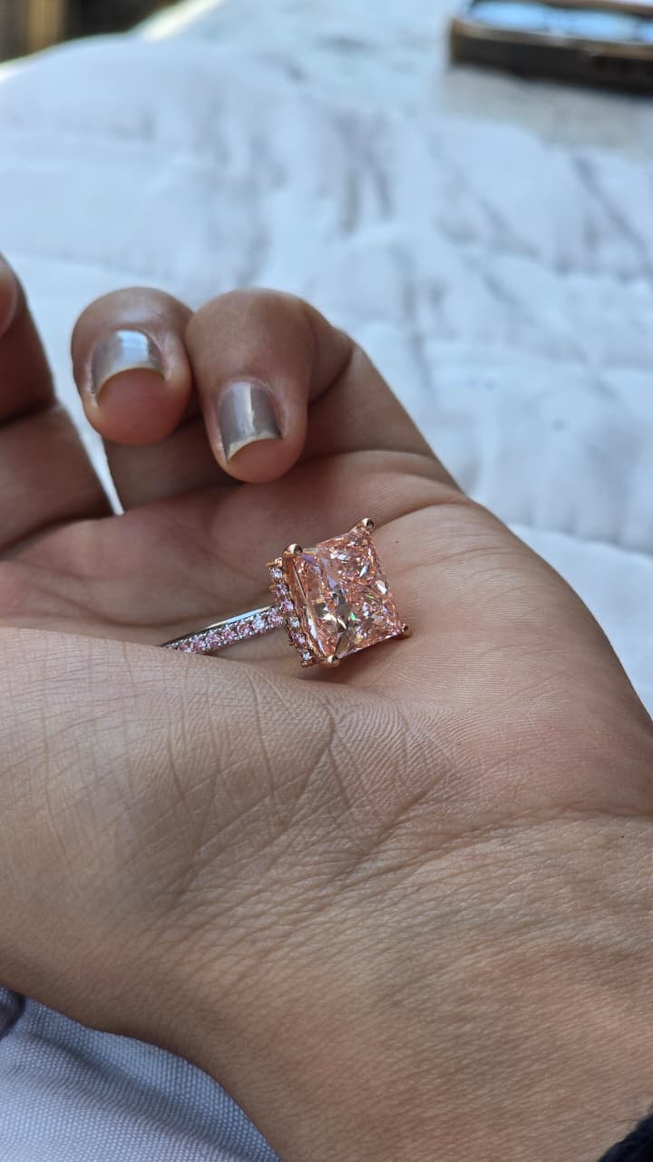 Fancy Vivid Pink Princess Cut All Lab Grown Diamond Hidden-Halo Cathedral Set 14kt-Gold Ring