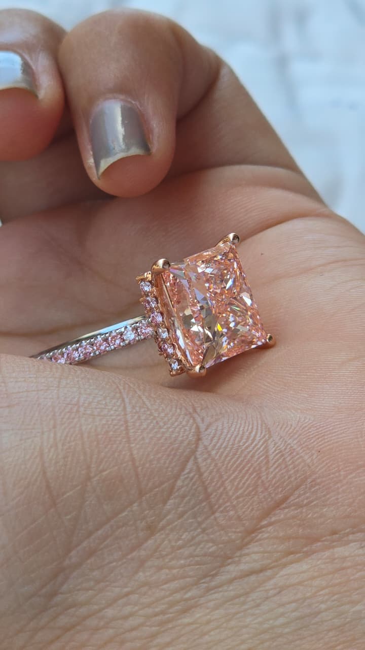 Fancy Vivid Pink Princess Cut All Lab Grown Diamond Hidden-Halo Cathedral Set 14kt-Gold Ring