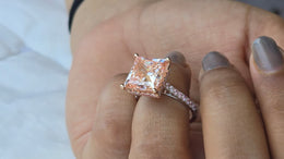 Fancy Vivid Pink Princess Cut All Lab Grown Diamond Hidden-Halo Cathedral Set 14kt-Gold Ring