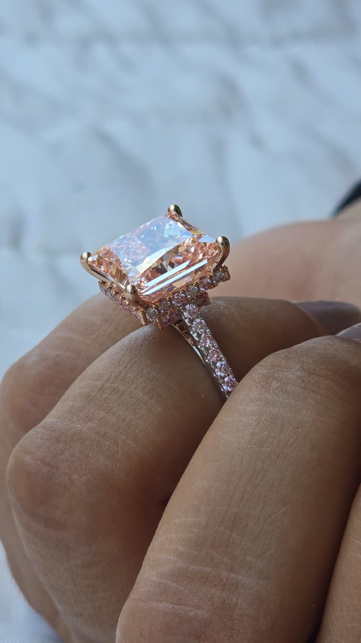 Fancy Vivid Pink Princess Cut All Lab Grown Diamond Hidden-Halo Cathedral Set 14kt-Gold Ring
