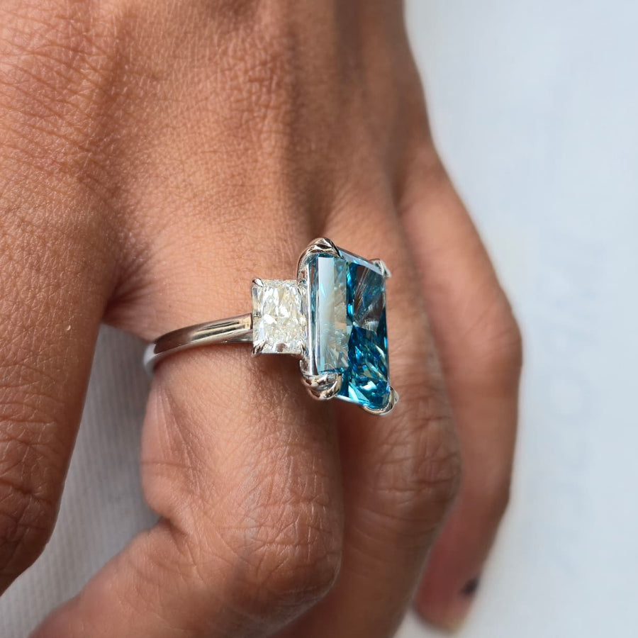 8.00ct Blue Radiant Cut Lab Grown Diamond 3 stone 14 Kt Gold Ring