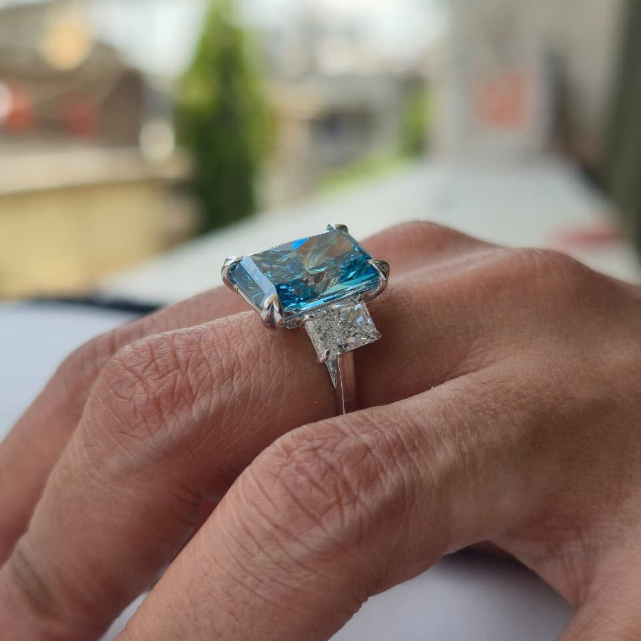 8.00ct Blue Radiant Cut Lab Grown Diamond 3 stone 14 Kt Gold Ring