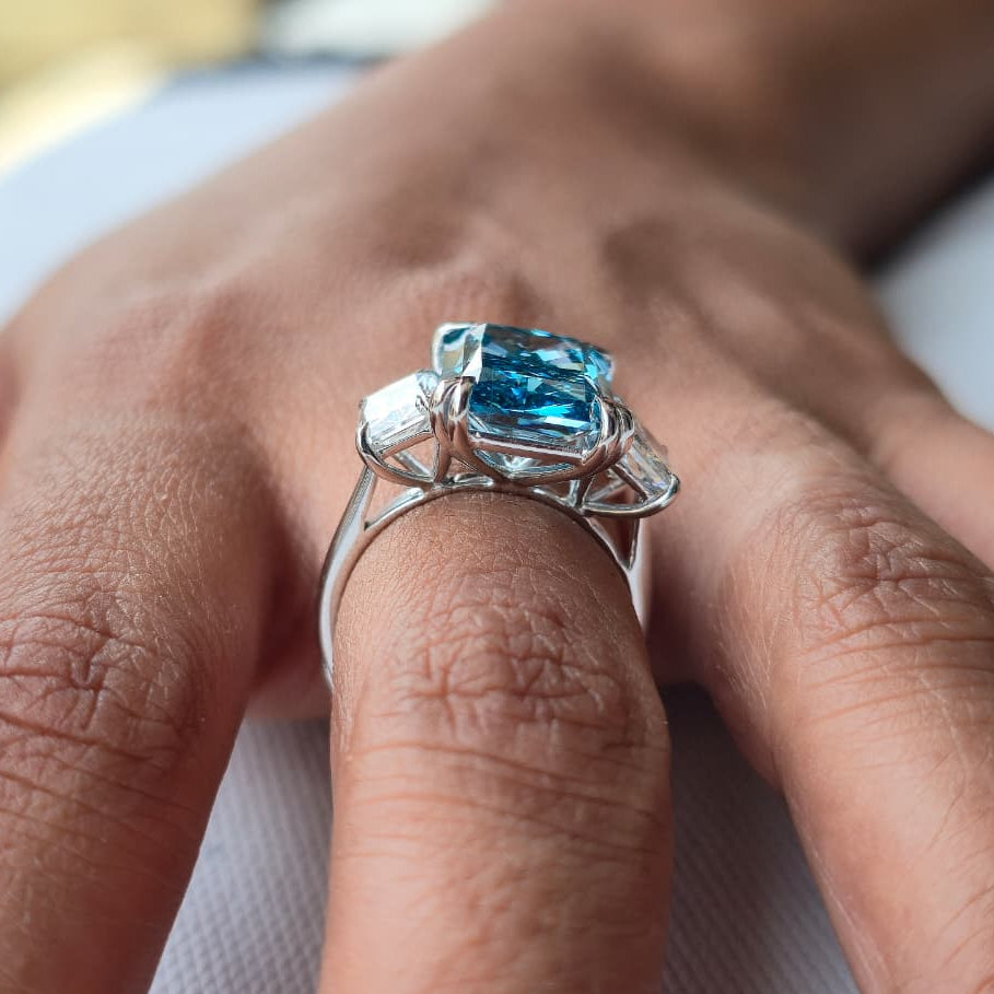 8.00ct Blue Radiant Cut Lab Grown Diamond 3 stone 14 Kt Gold Ring