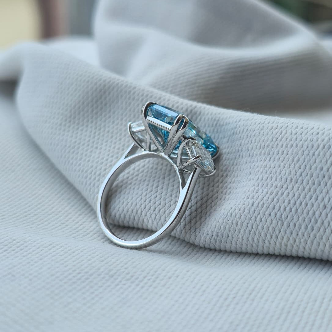 8.00ct Blue Radiant Cut Lab Grown Diamond 3 stone 14 Kt Gold Ring