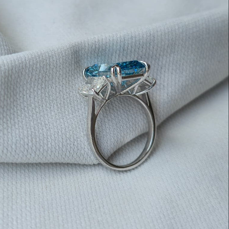 8.00ct Blue Radiant Cut Lab Grown Diamond 3 stone 14 Kt Gold Ring