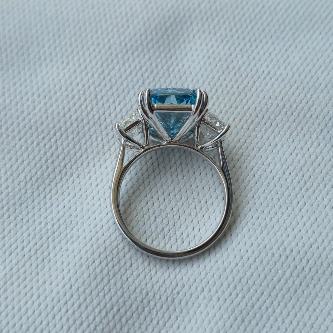8.00ct Blue Radiant Cut Lab Grown Diamond 3 stone 14 Kt Gold Ring