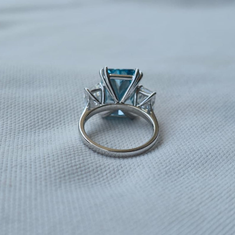 8.00ct Blue Radiant Cut Lab Grown Diamond 3 stone 14 Kt Gold Ring