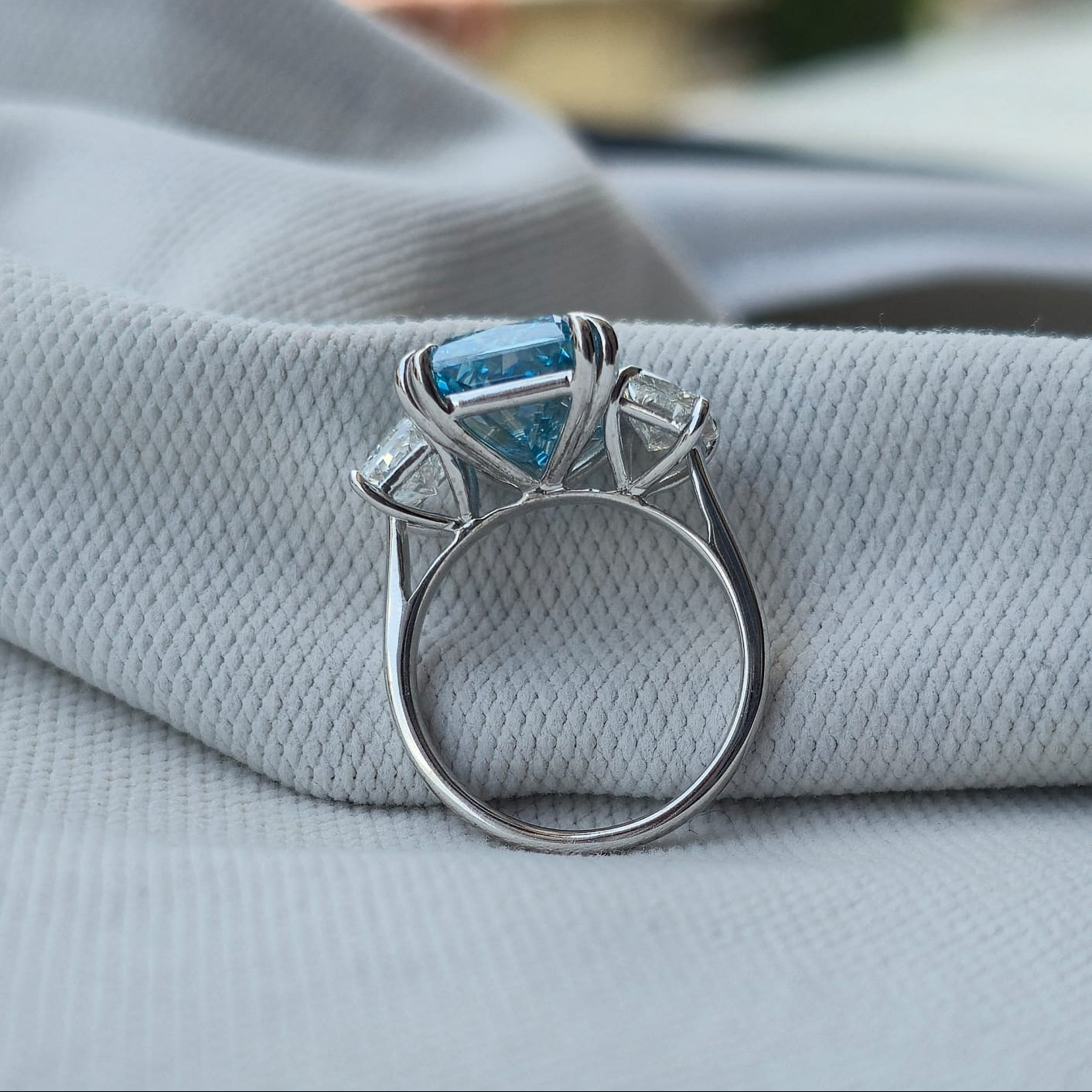 8.00ct Blue Radiant Cut Lab Grown Diamond 3 stone 14 Kt Gold Ring