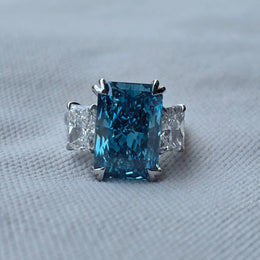 8.00ct Blue Radiant Cut Lab Grown Diamond 3 stone 14 Kt Gold Ring