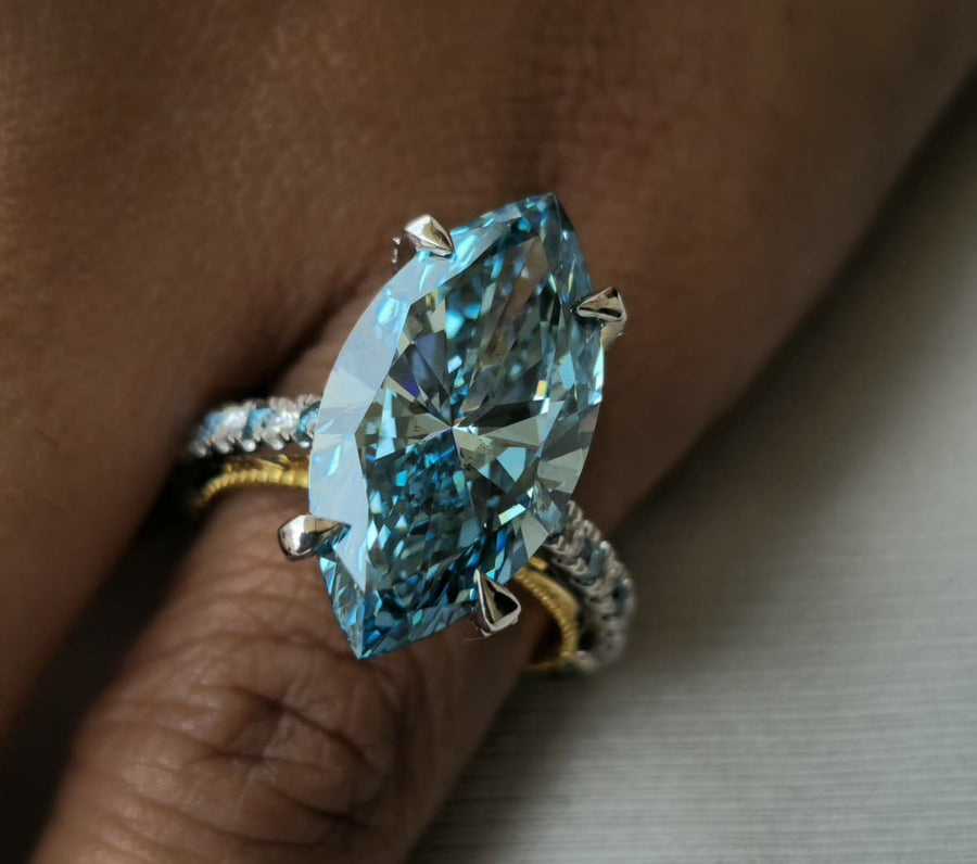 7.66ct Fancy Vivid Blue Brilliant Marquise 4Claw-Prongs Cathedral Multi-Color Stone White-Yellow 10kt Gold Ring
