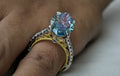 7.66ct Fancy Vivid Blue Brilliant Marquise 4Claw-Prongs Cathedral Multi-Color Stone White-Yellow 10kt Gold Ring
