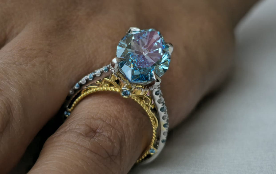 7.66ct Fancy Vivid Blue Brilliant Marquise 4Claw-Prongs Cathedral Multi-Color Stone White-Yellow 10kt Gold Ring