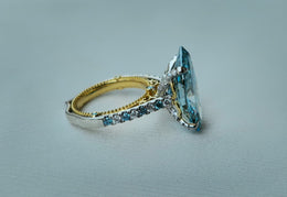 7.66ct Fancy Vivid Blue Brilliant Marquise 4Claw-Prongs Cathedral Multi-Color Stone White-Yellow 10kt Gold Ring