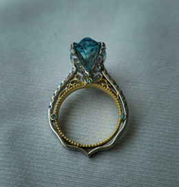 7.66ct Fancy Vivid Blue Brilliant Marquise 4Claw-Prongs Cathedral Multi-Color Stone White-Yellow 10kt Gold Ring